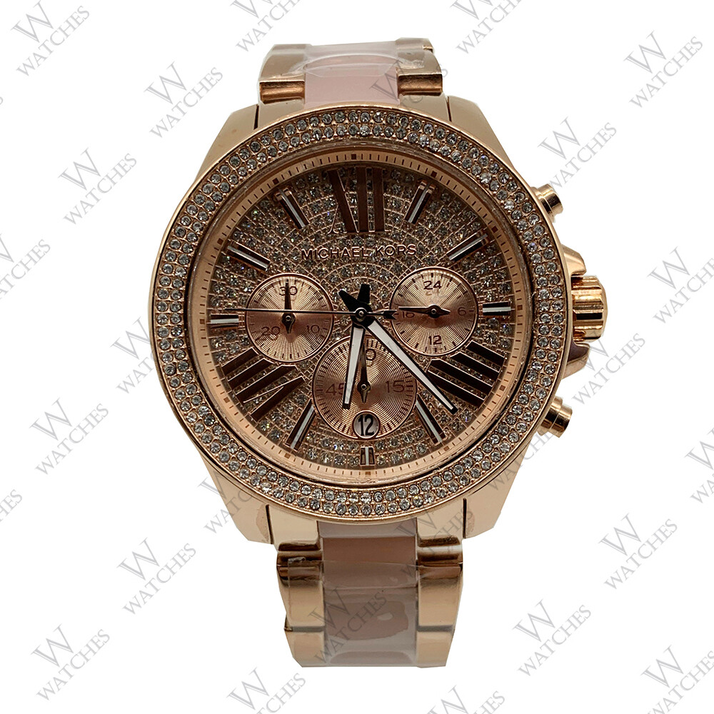 New Michael Kors MK6096 Wren Rose Gold Blush Chrono Womens Glitz Stainless Watch