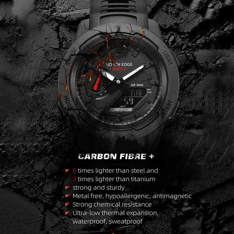 Carbon Fiber Case Men Watch MARS3 Stopwatch World Time Waterproof Quartz Wristwa