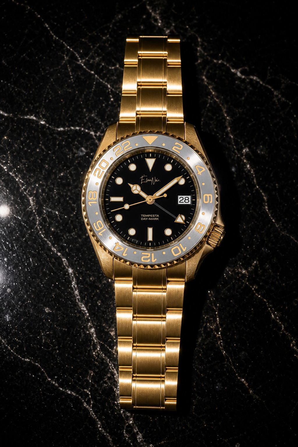 Élan Noir Tempesta Custom GMT Automatic Watch 41mm Gold Steel Black Dial