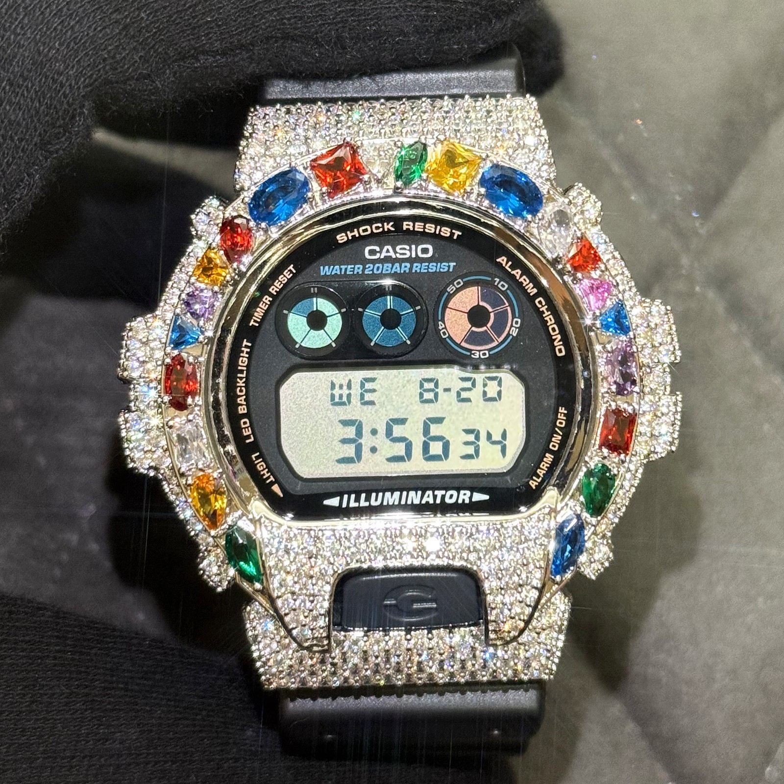 Authentic Casio G-Shock DW6900 Custom Multi Color Gemstone Iced Out Watch Silver