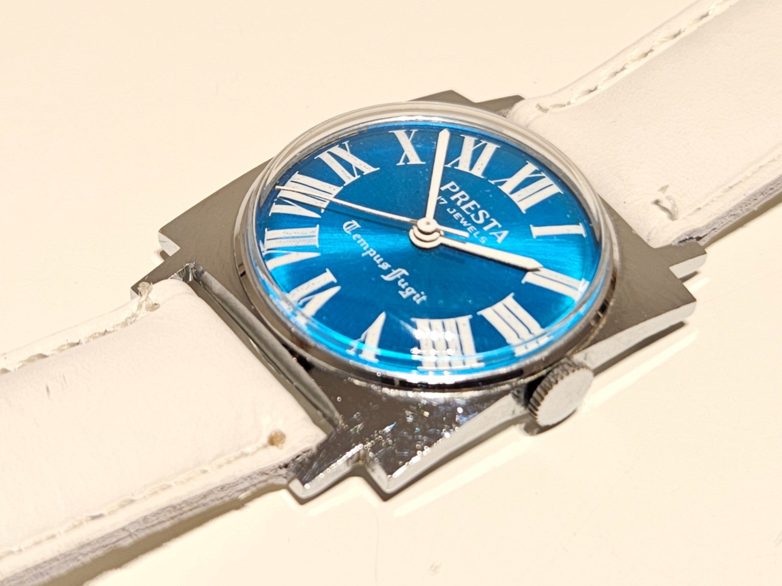 VINTAGE SQUARE 28mm BLUE DIAL MEN LADIES MECHANICAL WATCH «PRESTA»TEMPUS FUGIT
