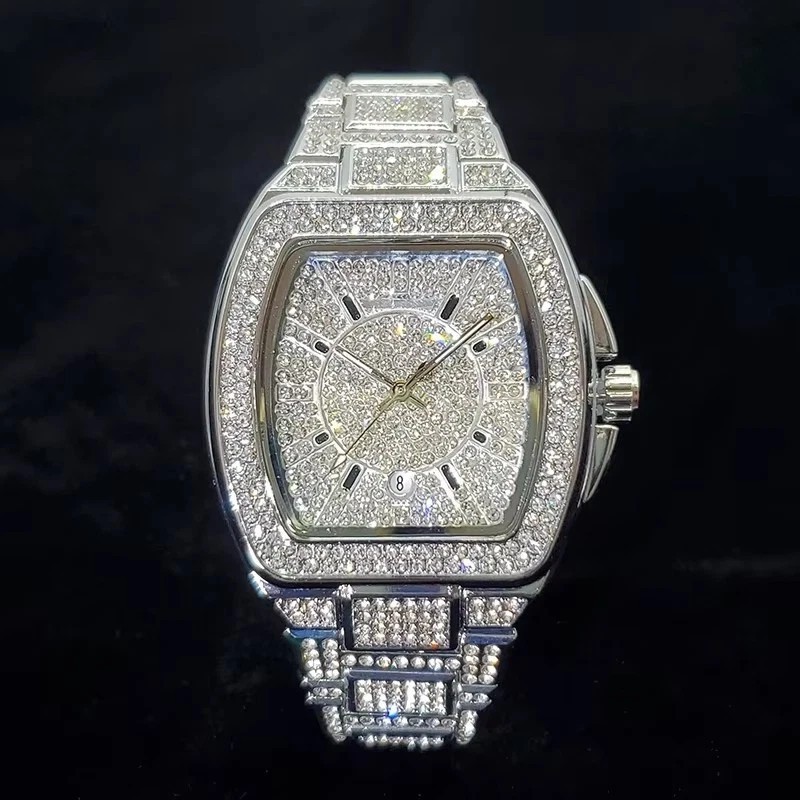 Men Luxury Silver Plated Stainless Steel Bling Simulated Diamond Bracelet Watch