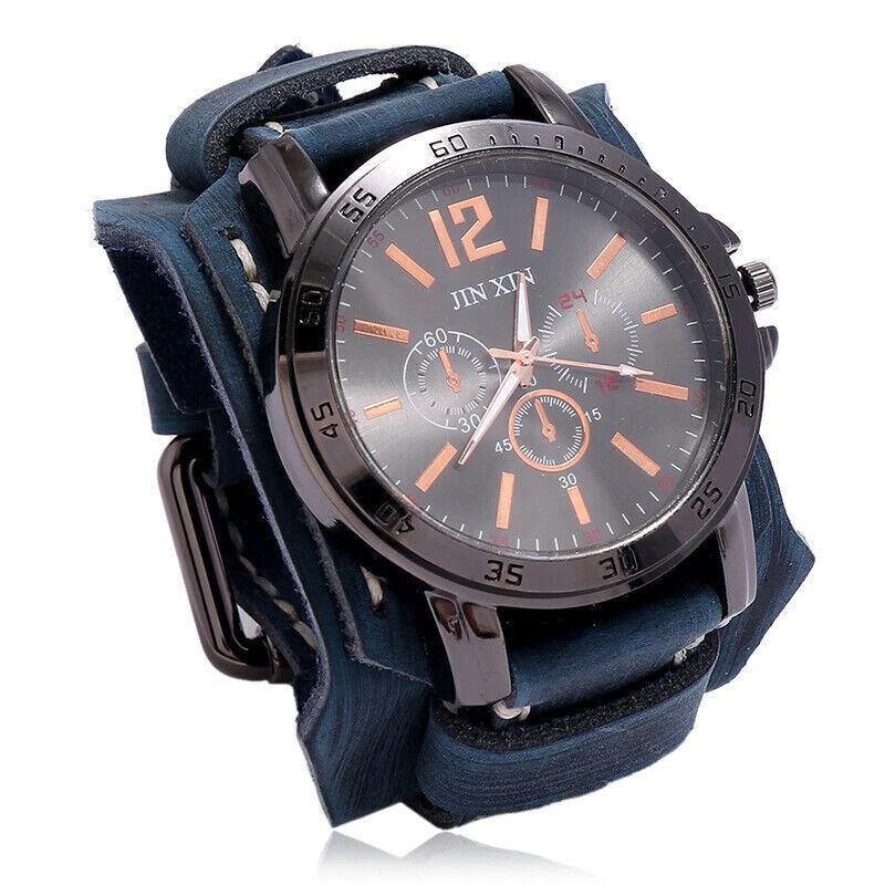1Pcs Wide Leather Watch Cuff Band Brown Wrist Black Strap Punk Retro Quartz Mens