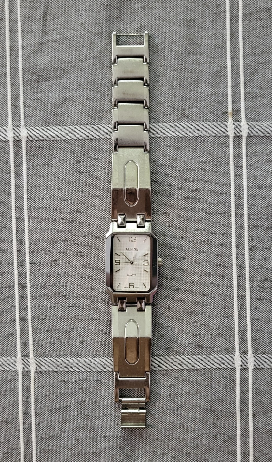 Alpine Quartz Rectangular Dress Watch Silver Tone Stainless Japan Needs Battery