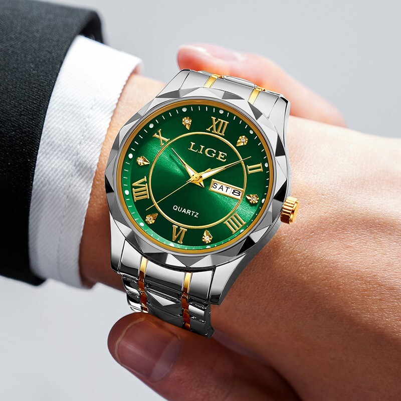 LIGE Men Watch Quartz Stainless Steel Luminous Date Green Dial Daily Wristwatch