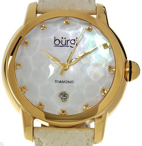 Burgi BUR014W Diamond Swiss Date Mother of Pearl White Leather Womens Watch