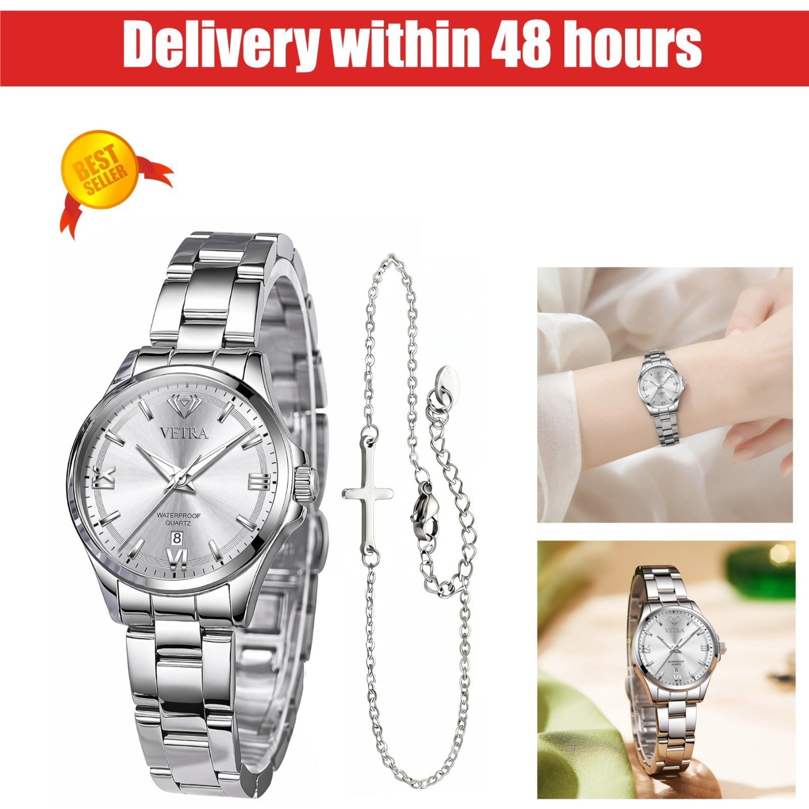 Vetra Women’s Analog Watch Diamond Roman Numerals Blue Two Tone