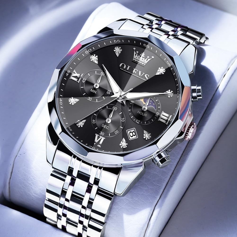 Elegant Silver & Black Men’s Watch with Diamond Accents – Business Dress Style
