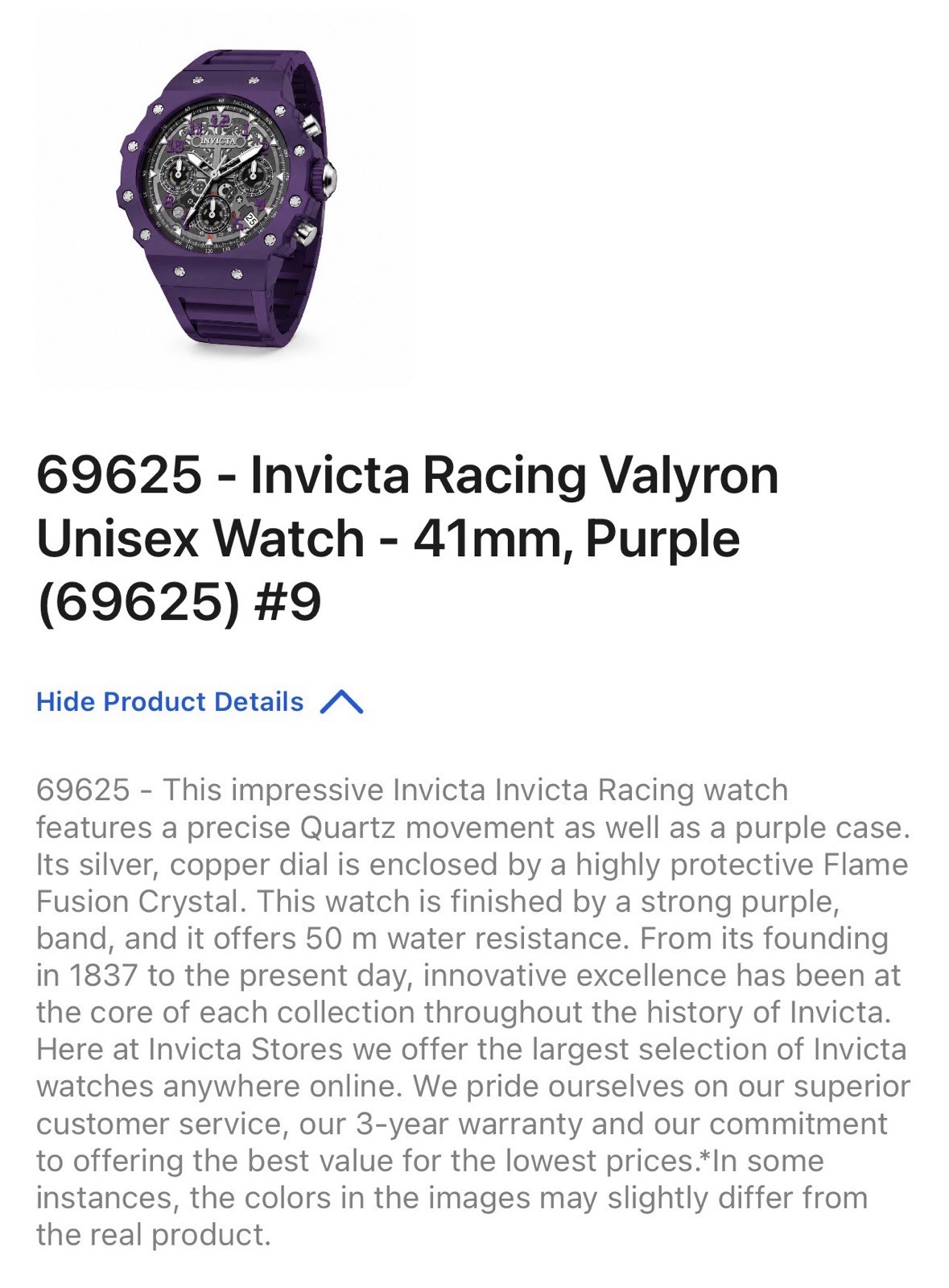 Invicta Racing Valyron Unisex Watch – 41mm 69625 Purple W/Silver Dial New