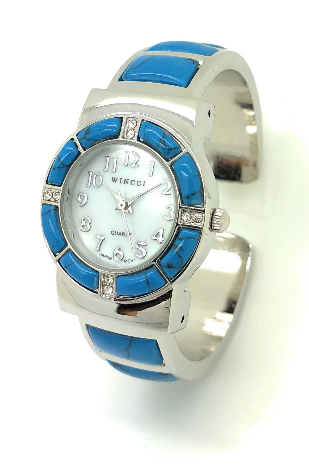 Wincci Ladies Silver Metal Bangle Cuff Fashion Quartz Watch Turquoise Stones