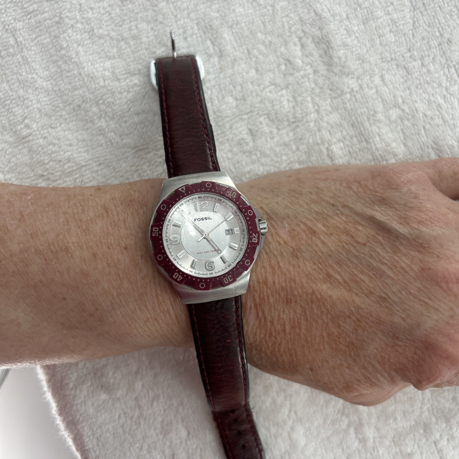 Fossil Blue Women’s Watch AM-4056 Brown Leather Band 100 Meters 330 Feet