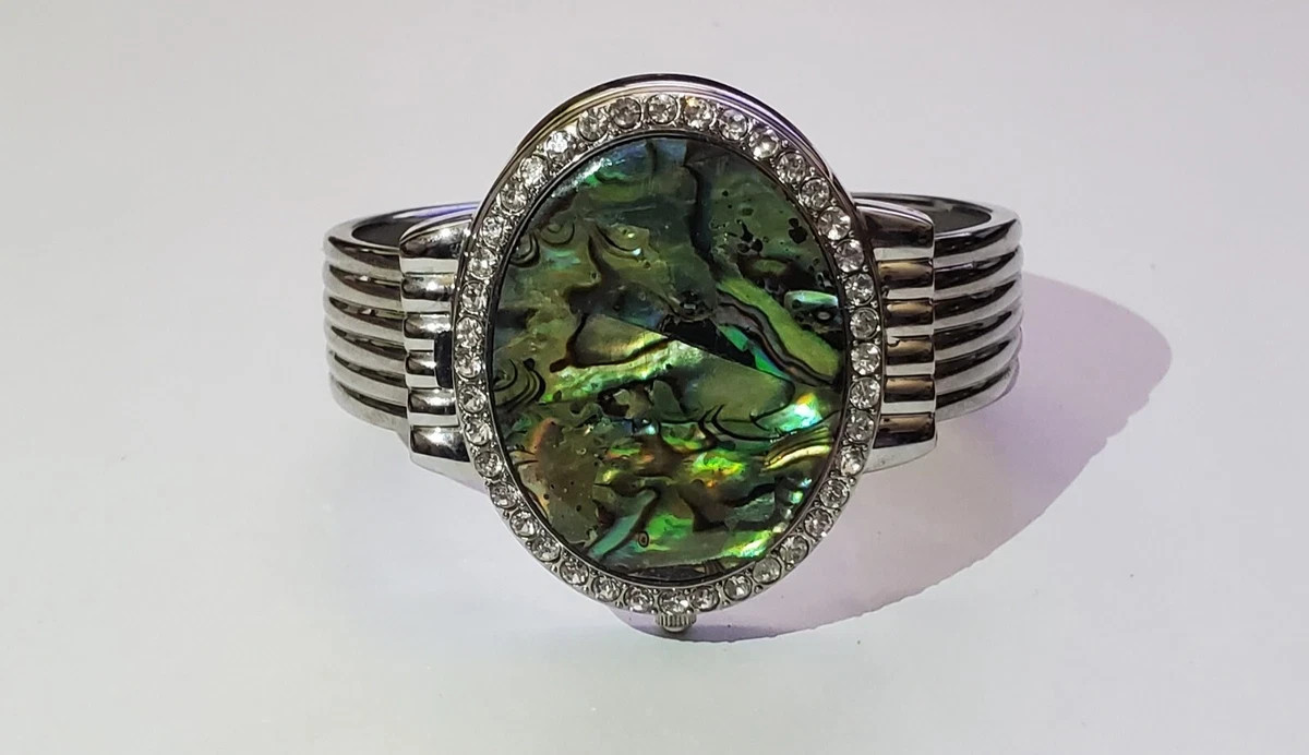 Genoa Oval Abalone Shell Rhinestone Mother of Pearl Flip Silver Cuff Watch