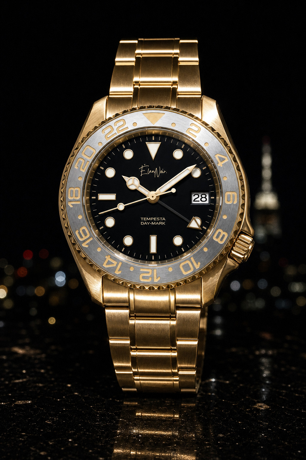 Custom Élan Noir Tempesta Automatic GMT Watch 41mm Steel Gold/Black/Silver NH35
