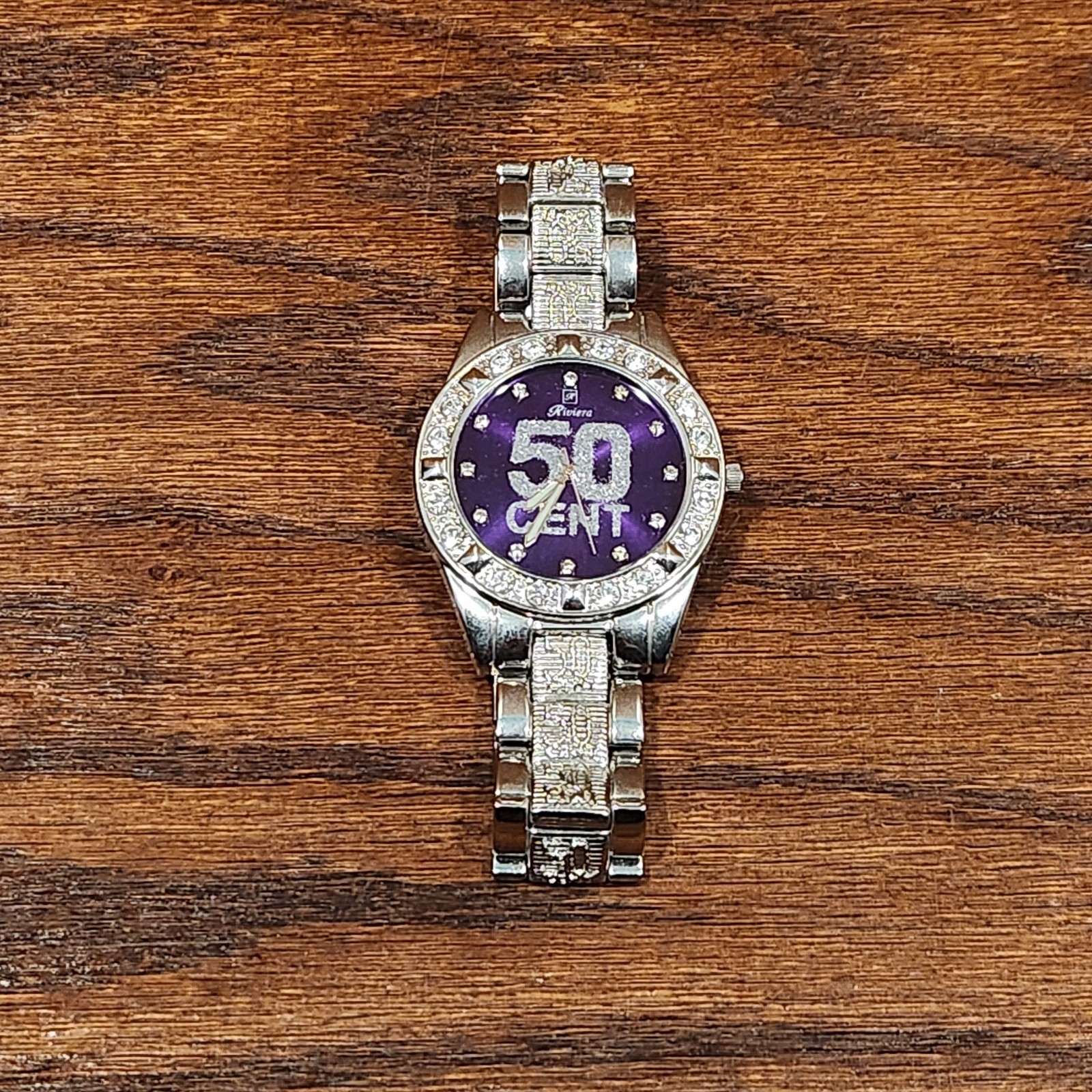 Riviera 50 Cent Stainless Steel Back Purple Watch Diamond Simulants NEED BATTERY