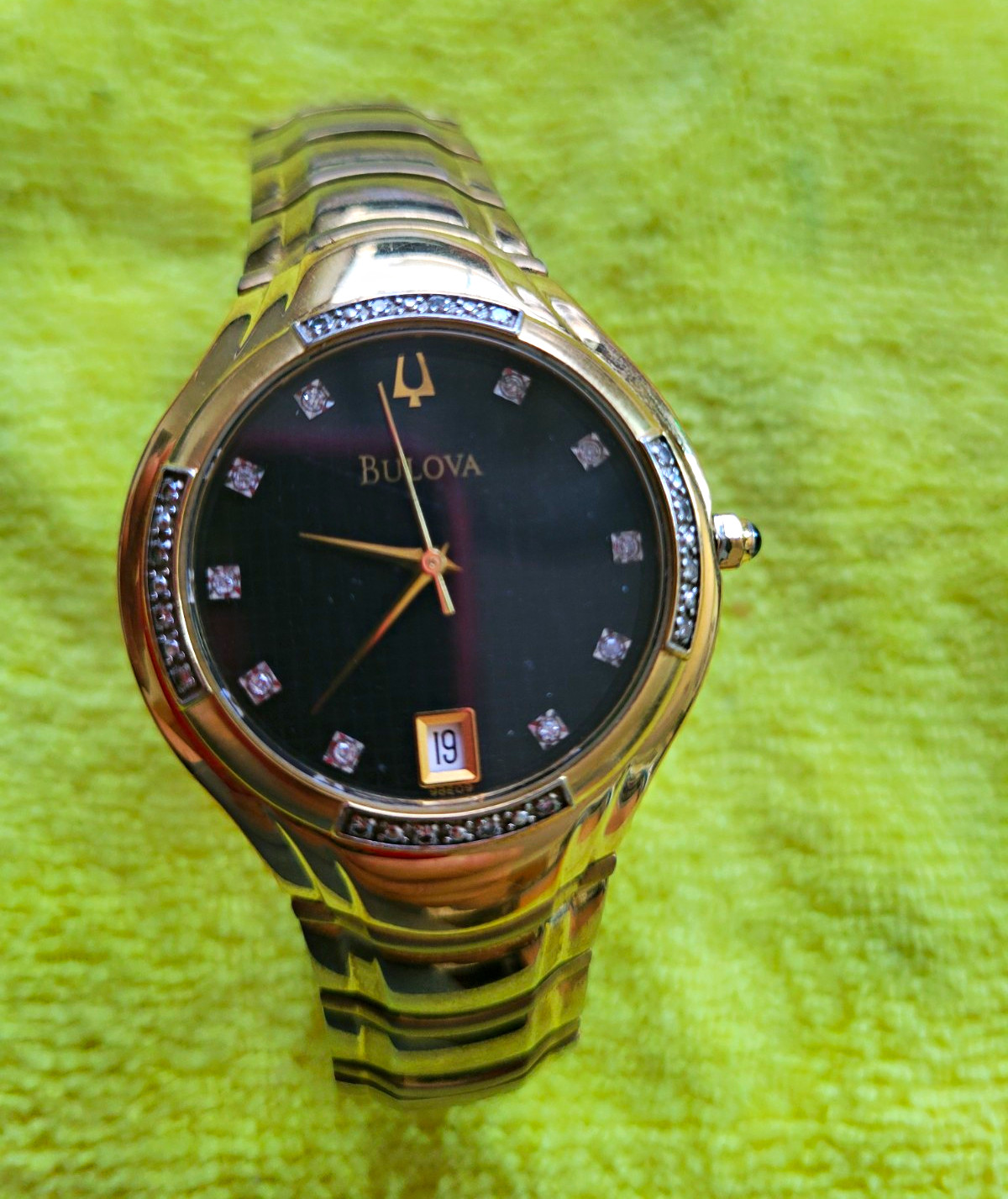 Bulova Diamond Women’s Quartz Black Dial Diamond Markers Date Gold Bracelet 28mm