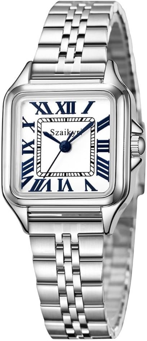 Luxury Women’s Square Analog Watch with Stainless Steel Band & Roman Style