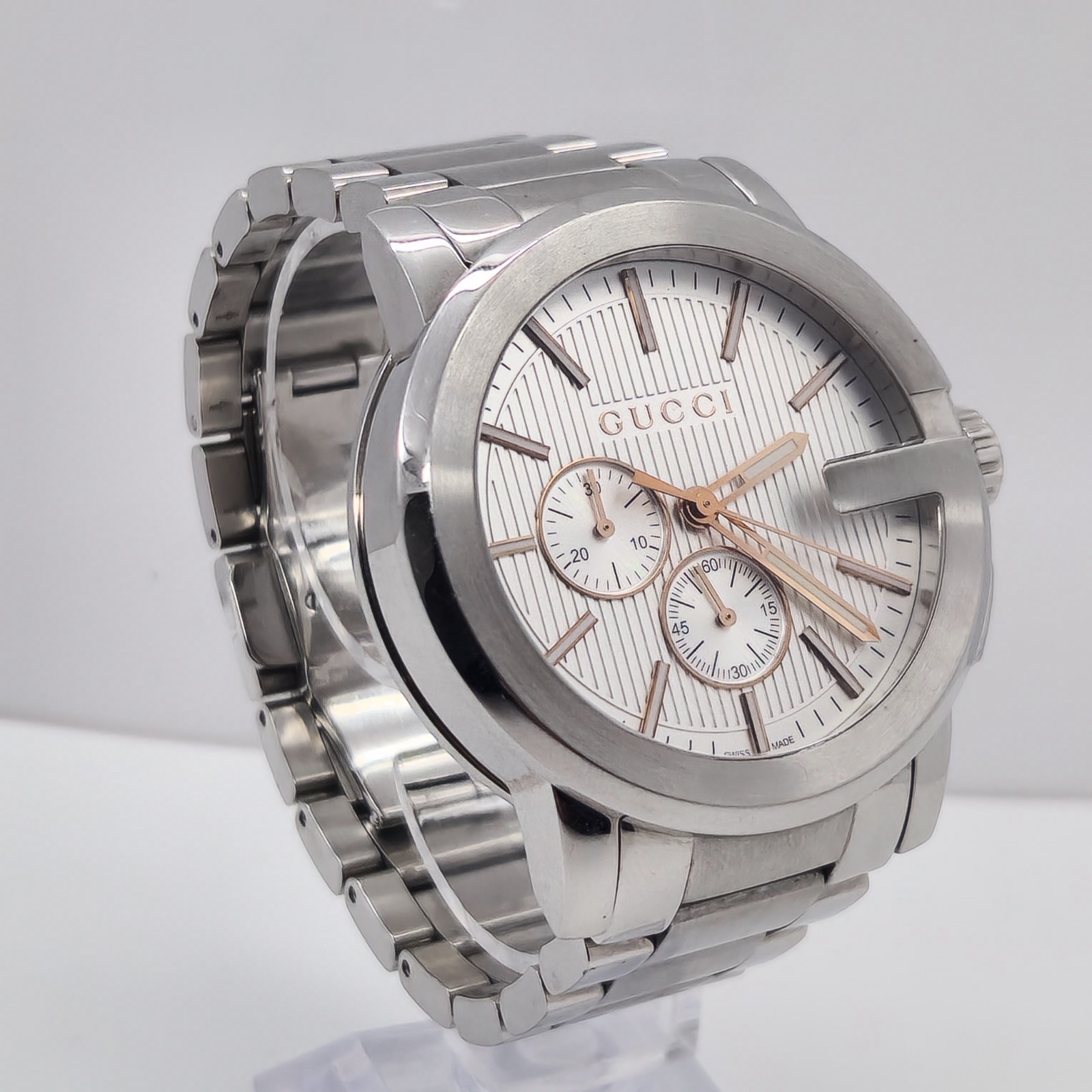 GUCCI G-CHRONO MENS $1820 SILVER ROSE GOLD ACCENTS CHRONOGRAPH WATCH YA101201