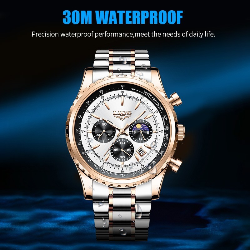 Luxury Men Watch Quartz Date Moon Phase Chronograph Waterproof Sport Wristwatch