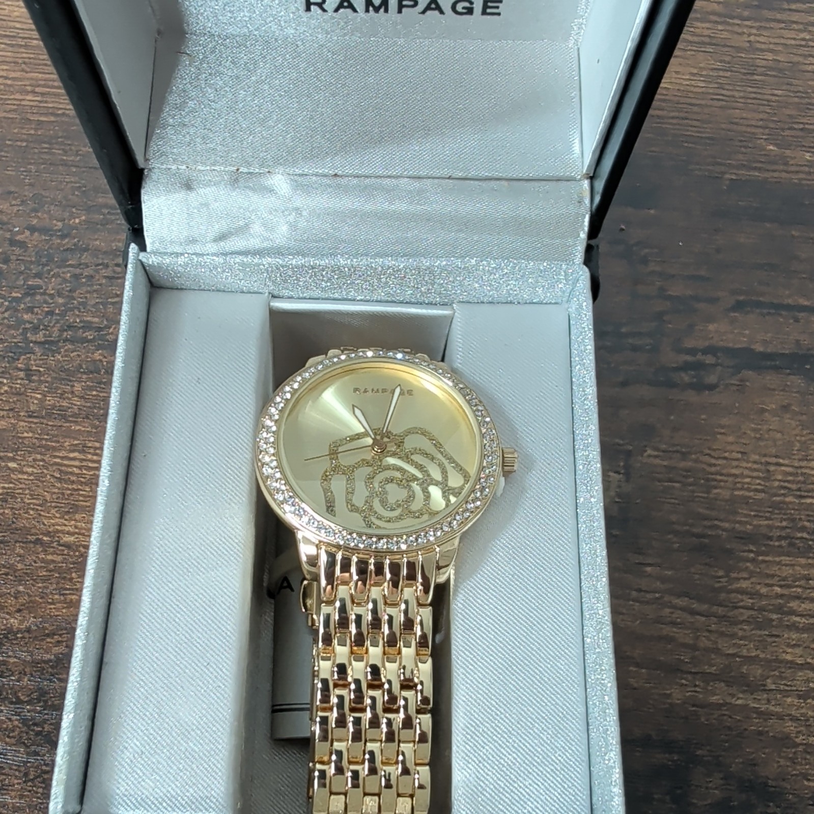 Rampage Gold Tone Quartz Analog Women’s Watch Crystal Bezel Bracelet w/Box