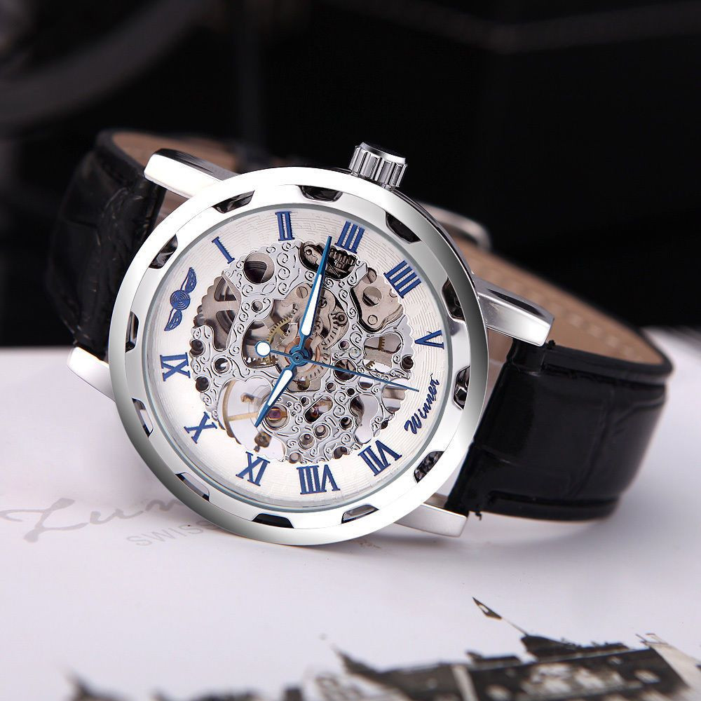 Men’s Skeleton Mechanical Wrist Watch Steampunk Luxury Black Leather Stainless