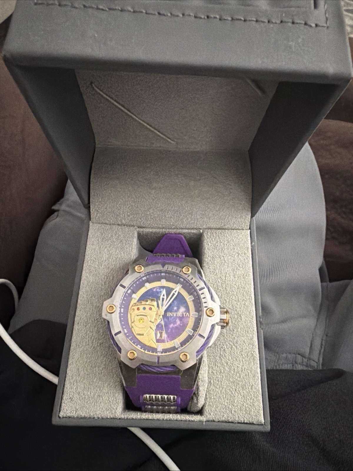 Invicta Marvel Thanos Men’s Quartz Watch Purple/Gold Dial Purple Strap Date Box