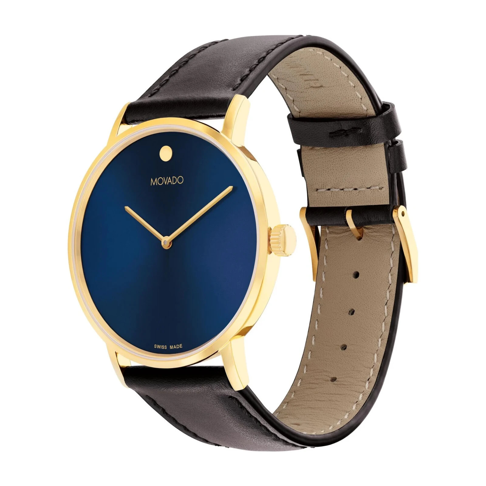 Movado Signature Men’s Blue Dial Black Leather Band Gold Swiss Watch 0607743