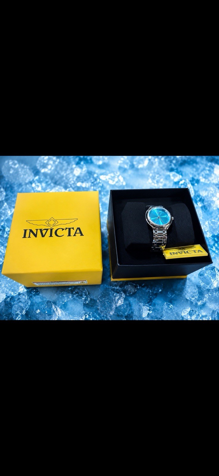Invicta Analog Watch Sunburst Blue Dial Silver-Tone Metal Bracelet Box
