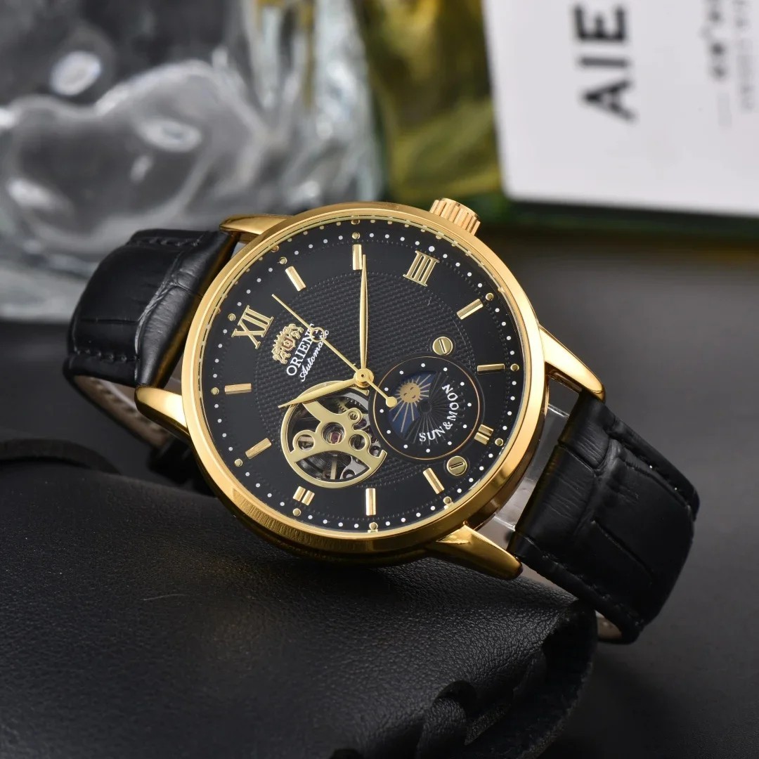 Orient Sun & Moon Semi Skeleton Automatic Watch Men’s Leather Strap Luxury Gift