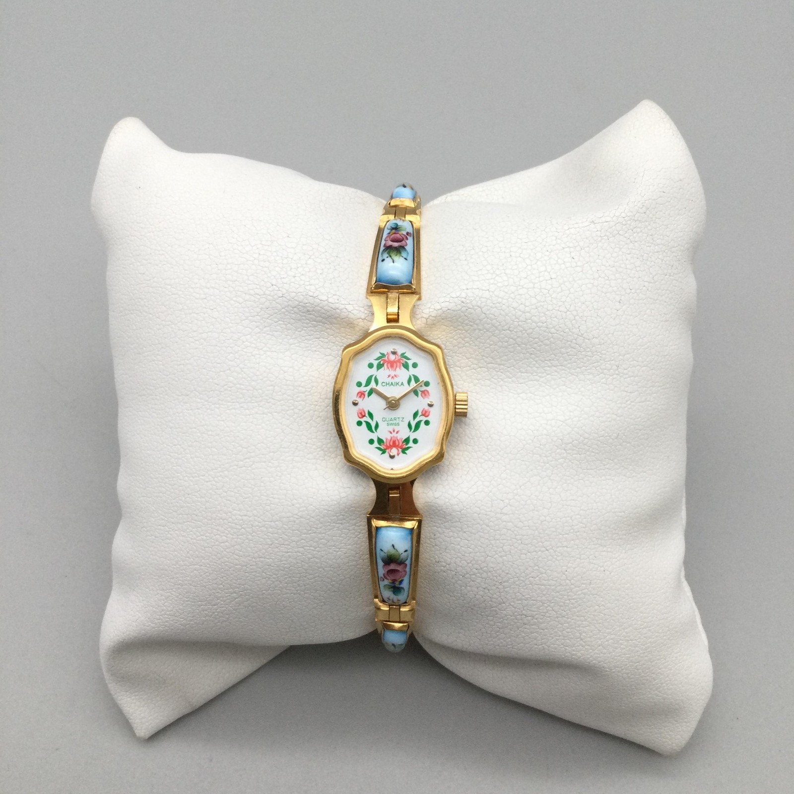 Vtg Chaika Yanka Women Watch 16mm Floral Porcelain Gold Tone New Battery 7.5″