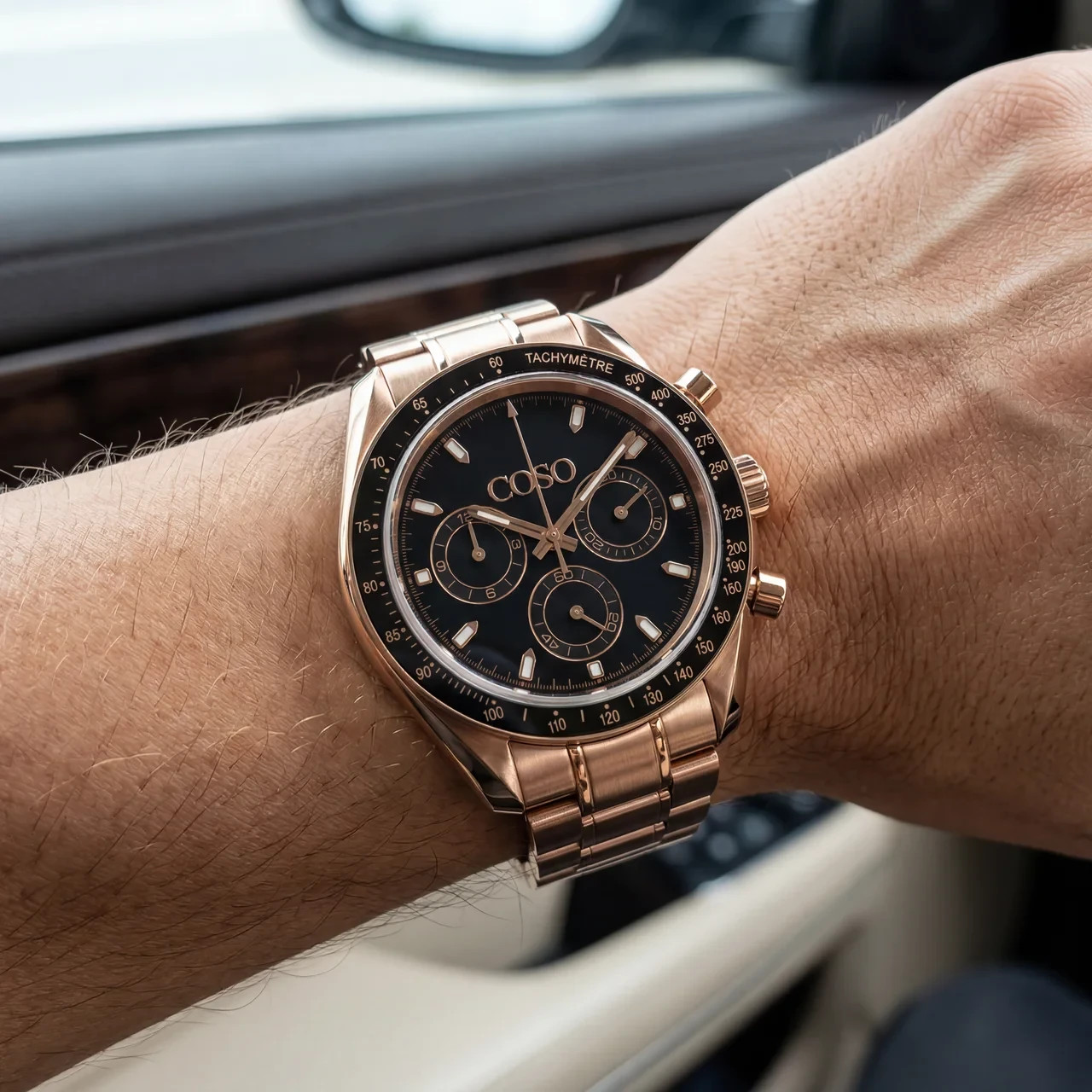 COSO Torvex Chronograph Black Dial Full Rose Gold Bracelet Black Bezel