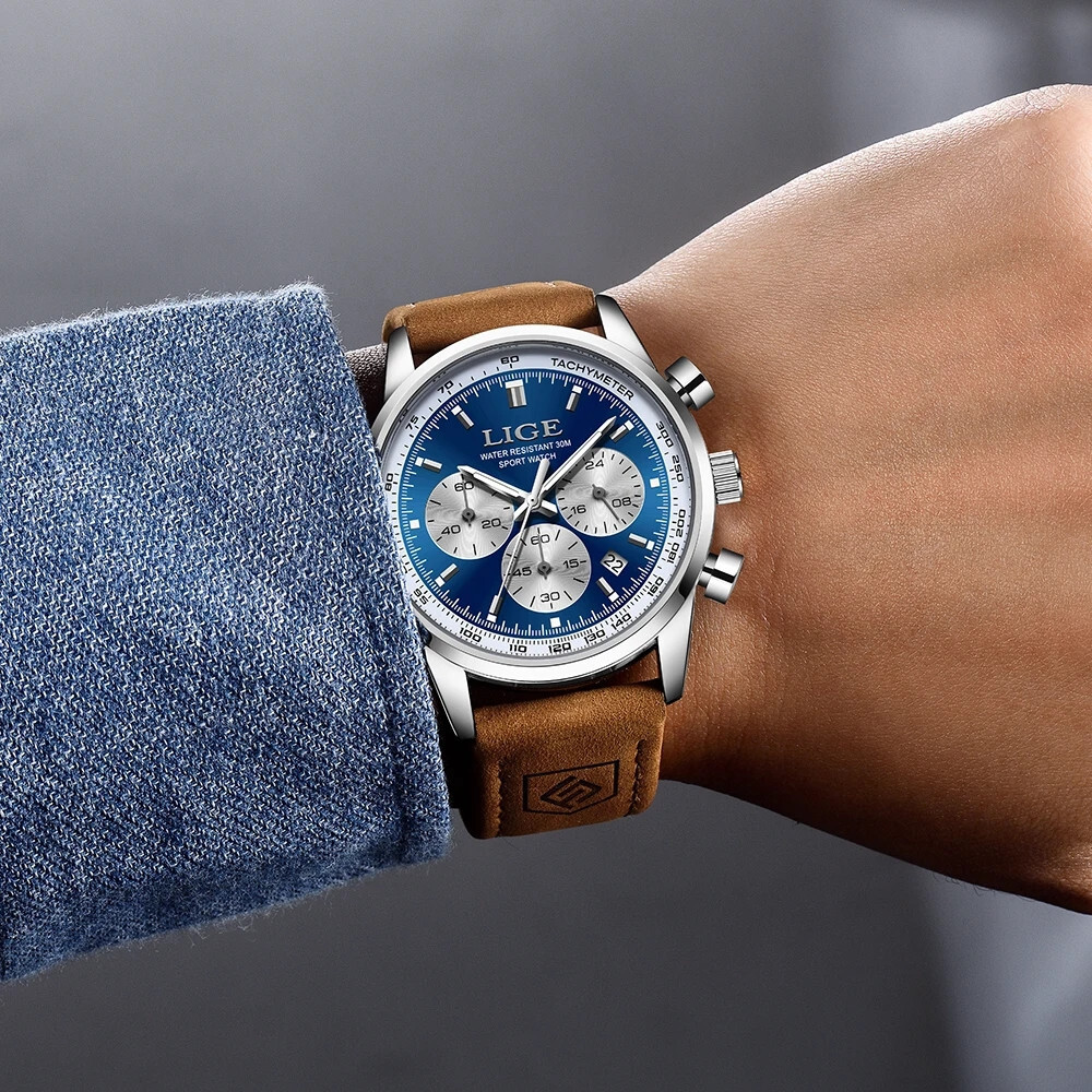 LIGE Men Watch Top Brand Luxury Military Leather Wristwatch Male Calendar Watch
