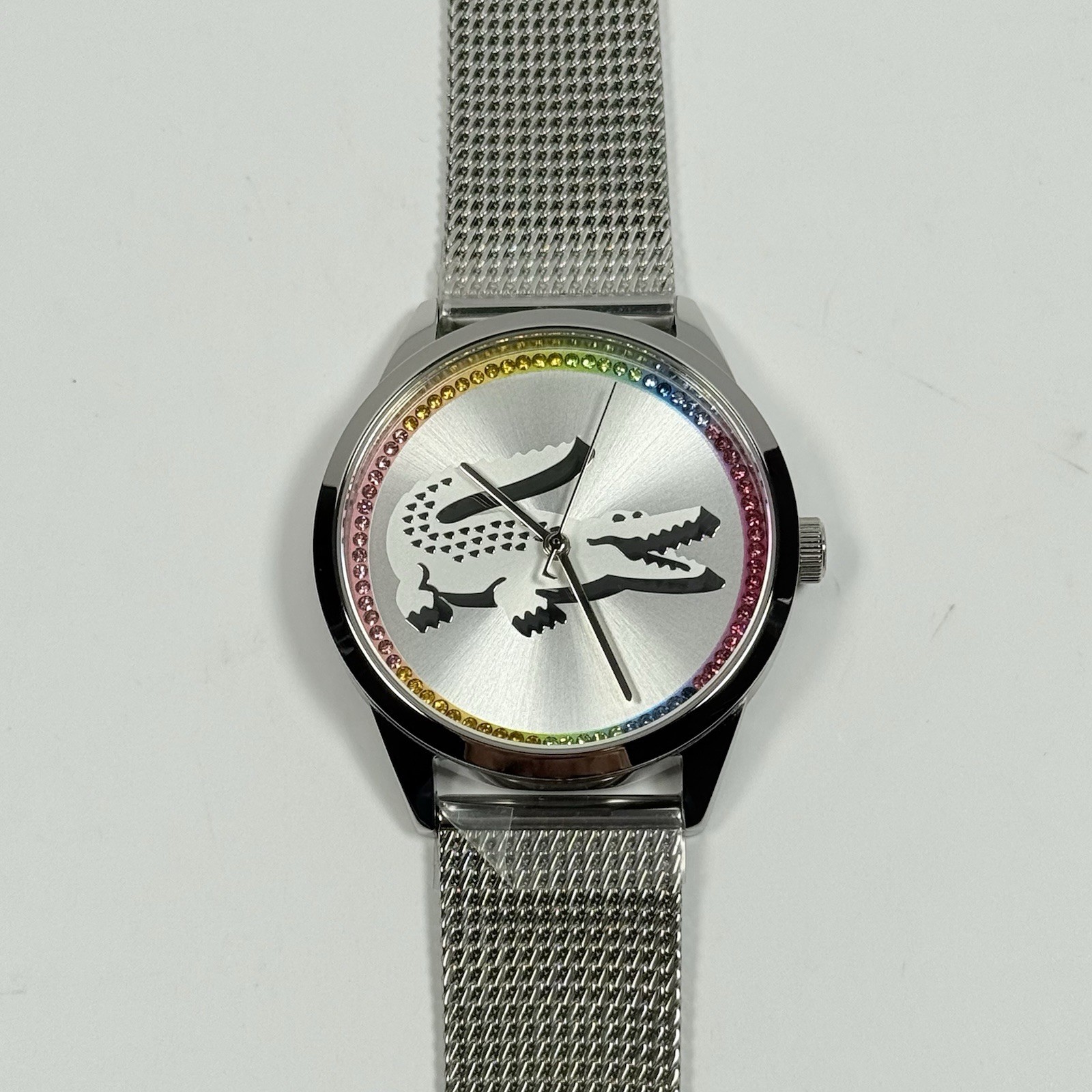 Lacoste Ladycroc 2001259 Rainbow Crystals Silver Dial Mesh Band Women’s Watch