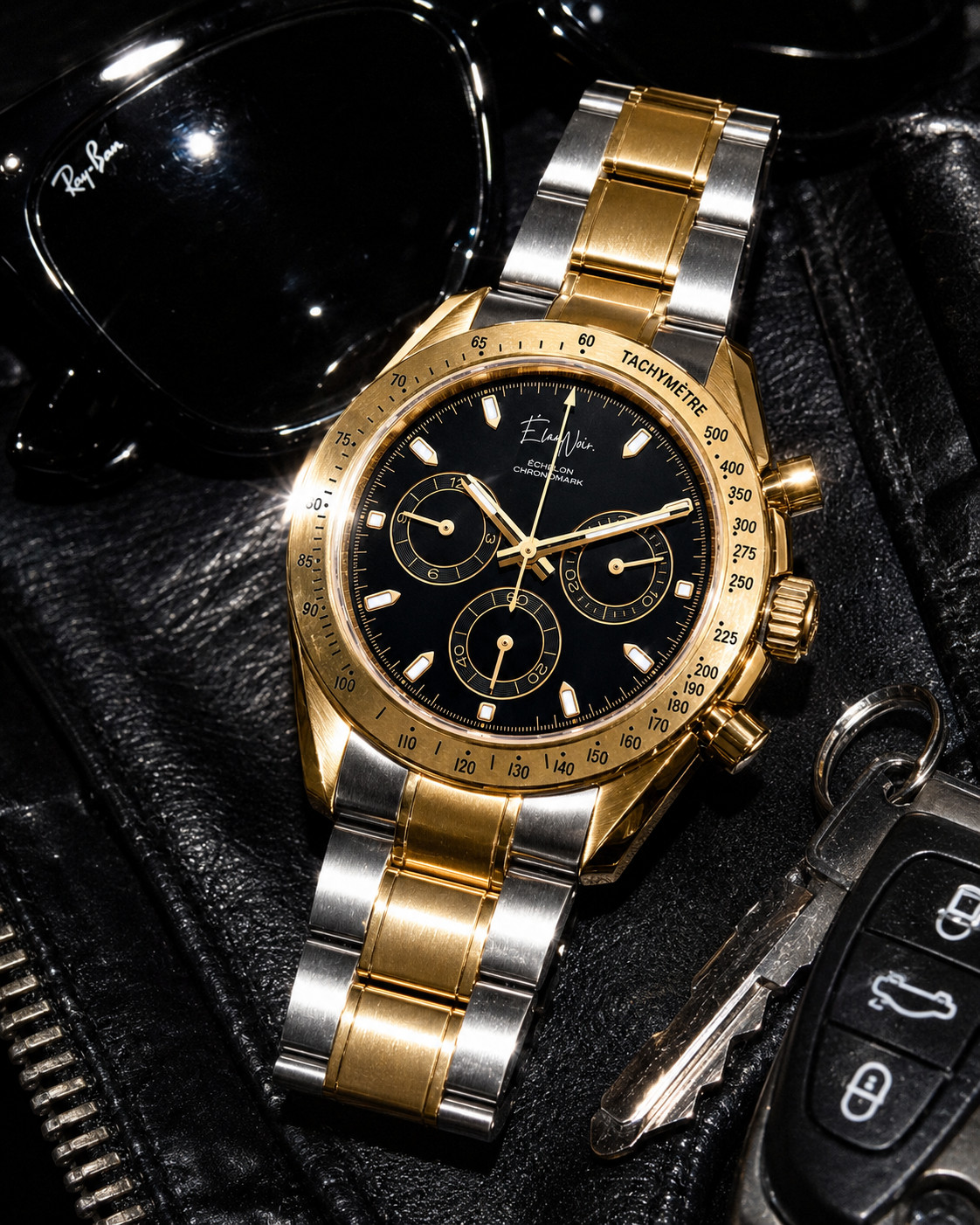 Élan Noir Chronograph Watch VK63 Black Dial Two Tone Sapphire Crystal Steel 40mm