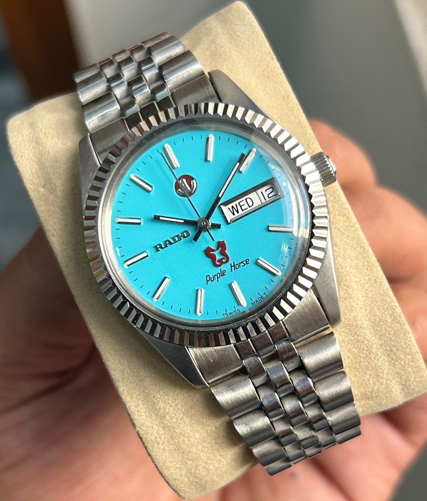 Vintage Rado Purple Horse Sky Blue Dial Wrist Watch For Mens Japan Swiss