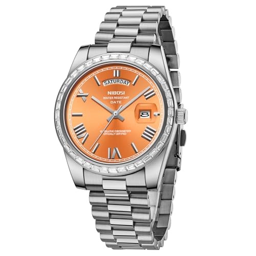 Men’s Watches Analog Quartz Diamond Bezel Stainless Steel Dial Silver Orange