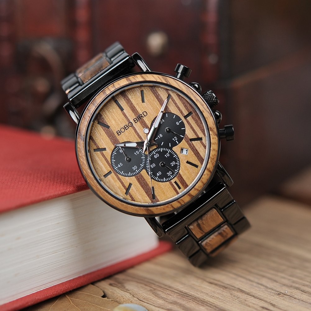 Mens Personalized Engraved Wooden Watche, Stylish Wood & Stainless Steel Comb…