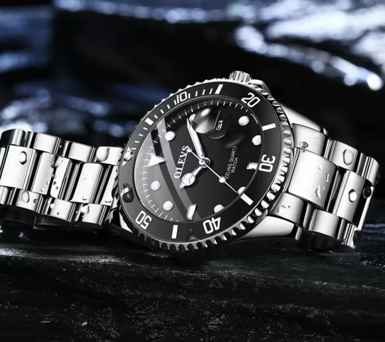 OLEVS Top Original Men Quartz Watch Waterproof Stainless Steel Black Luminous