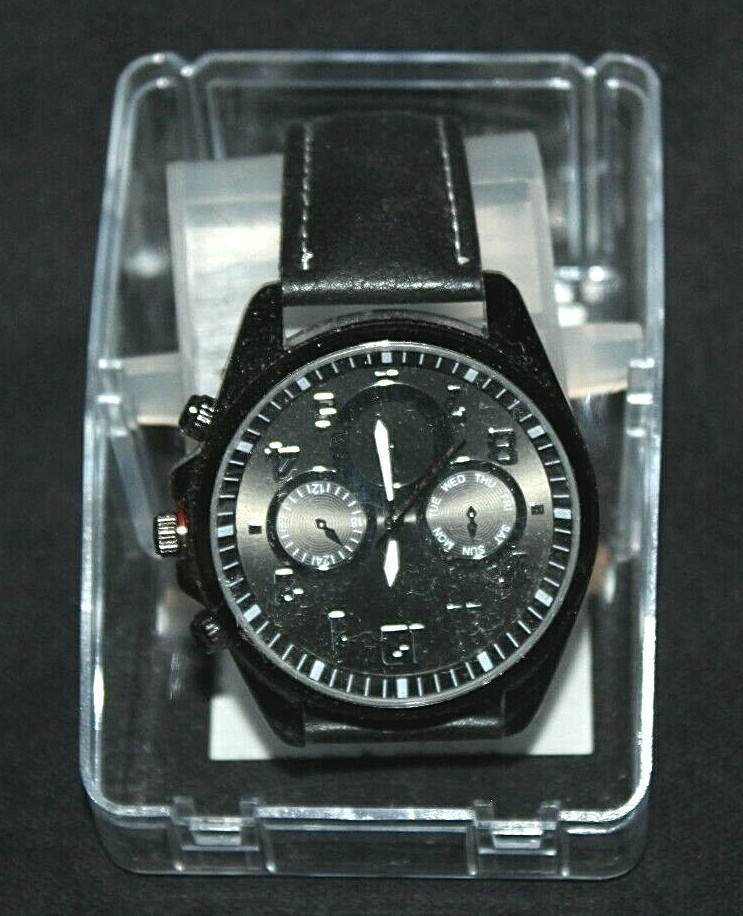 Mens Round Black Chronograph Wristwatch w/ Black Faux Leather Strap