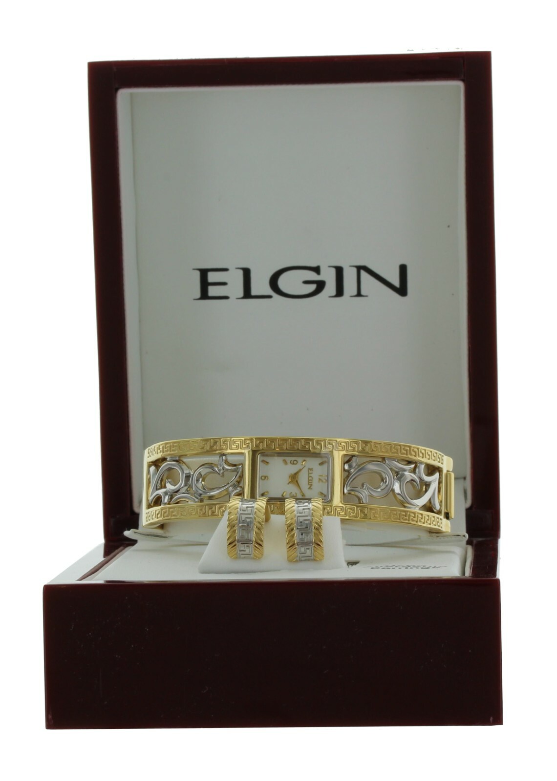 Elgin Quartz ELB245ST Ladies Watch SET W/ Two Tone Hinged Cuff Band EARRINGS-R6