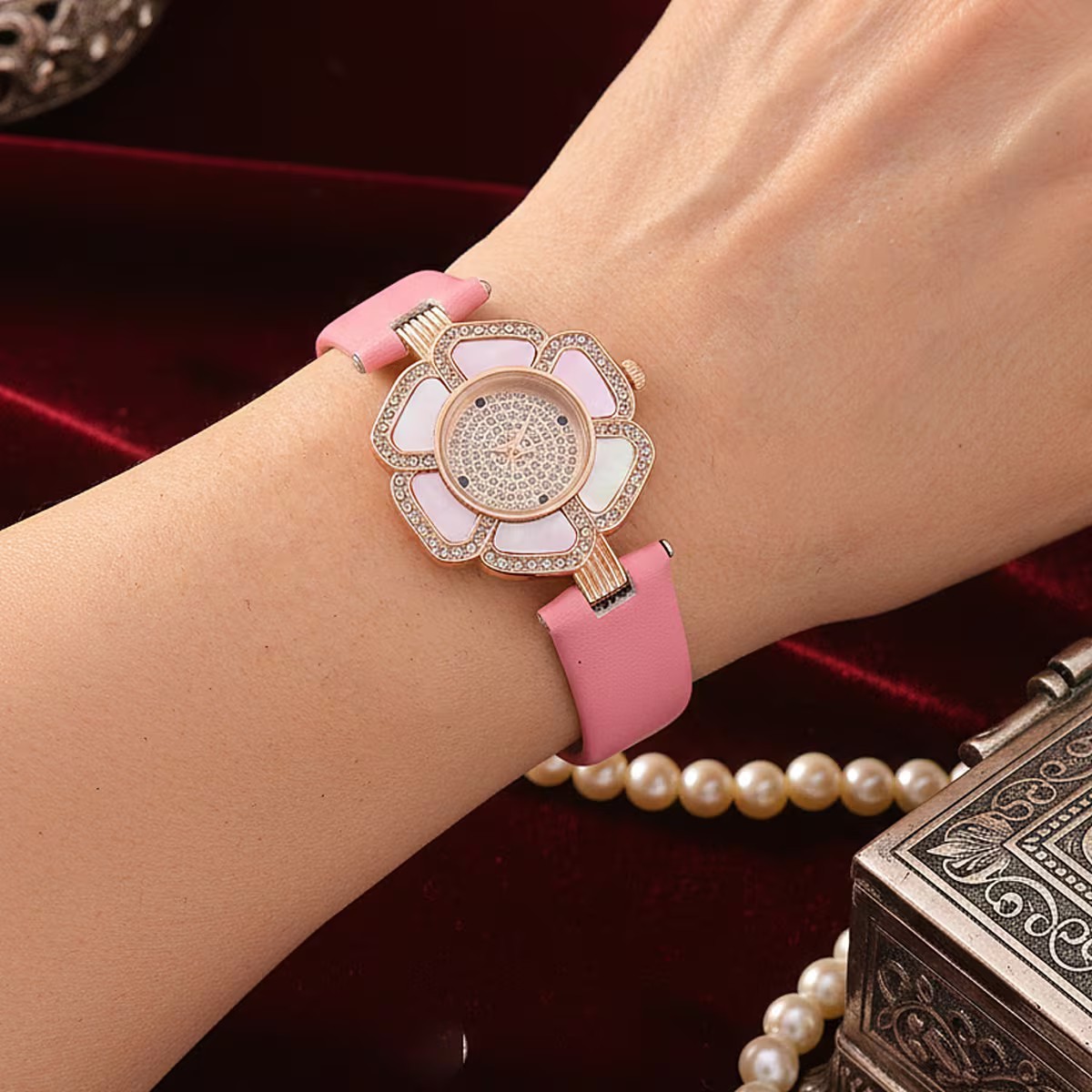 Genoa Pink Mother of Pearl and Austrian Crystal Japanese Movement Watch