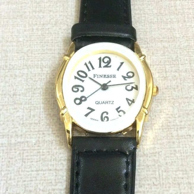 Finesse Women’s Gold Watch Oval White Dial on Black Leather Strap Band New Style