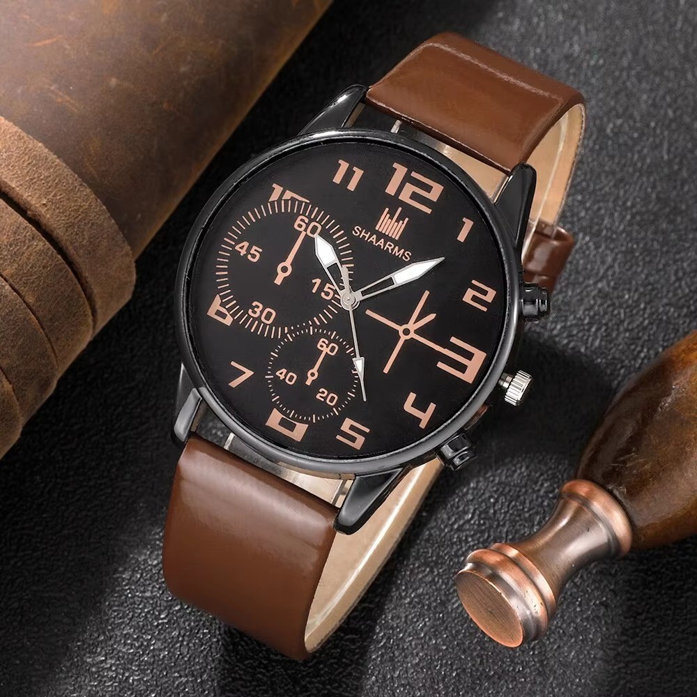 5PCS Men’s Quartz Watch Set Big Dial Brown Leather Sports Casual Wrist Watch