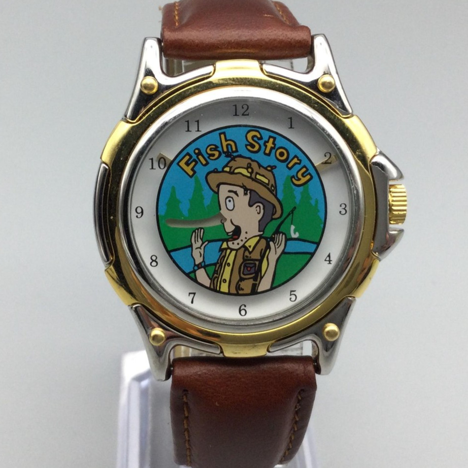 Fish Story Novelty Watch Mens 38mm Two Tone Brown Leather Strap New Battery