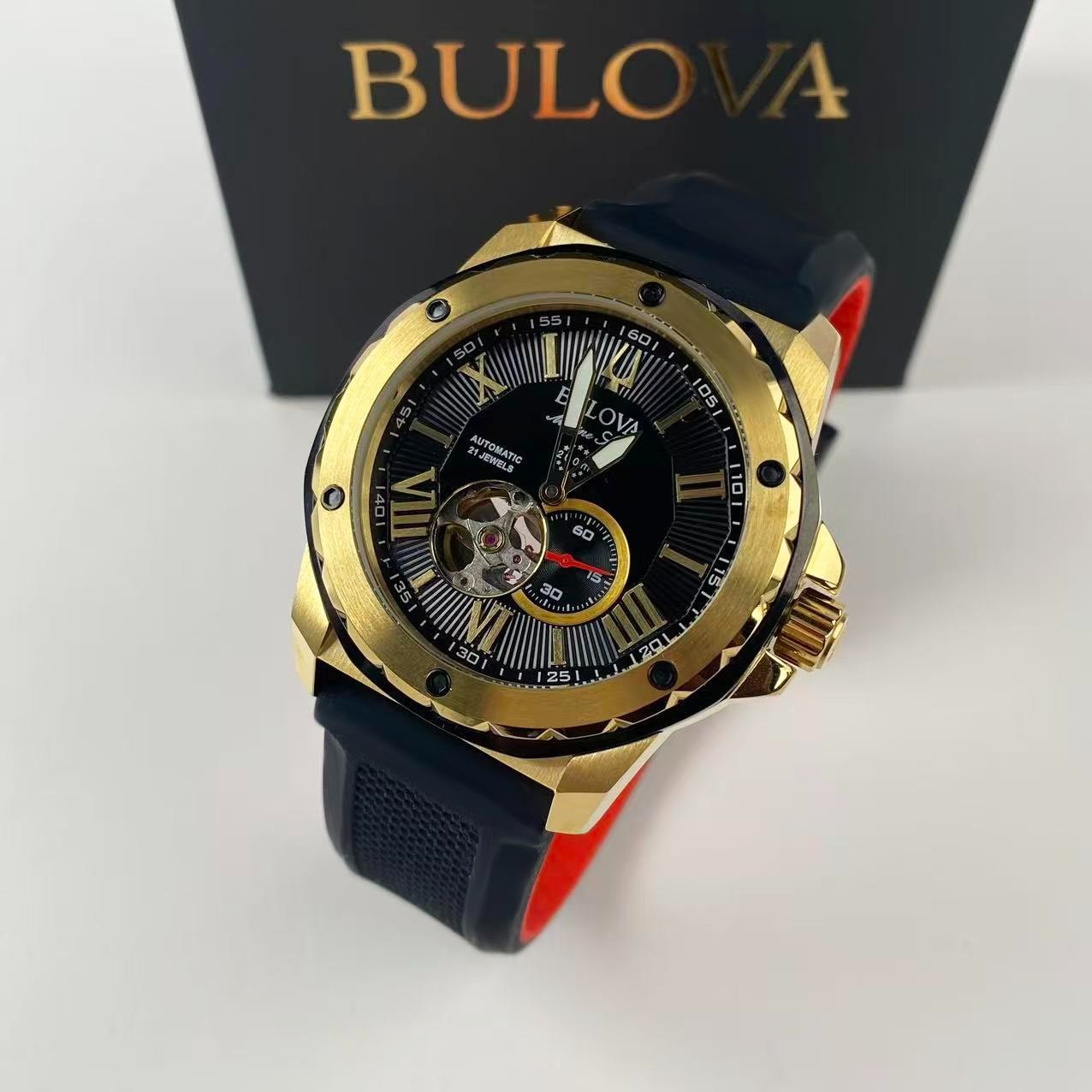 New Bulova Marine Star 98A272 Black Dial Silicone Strap Men’s Automatic Watch