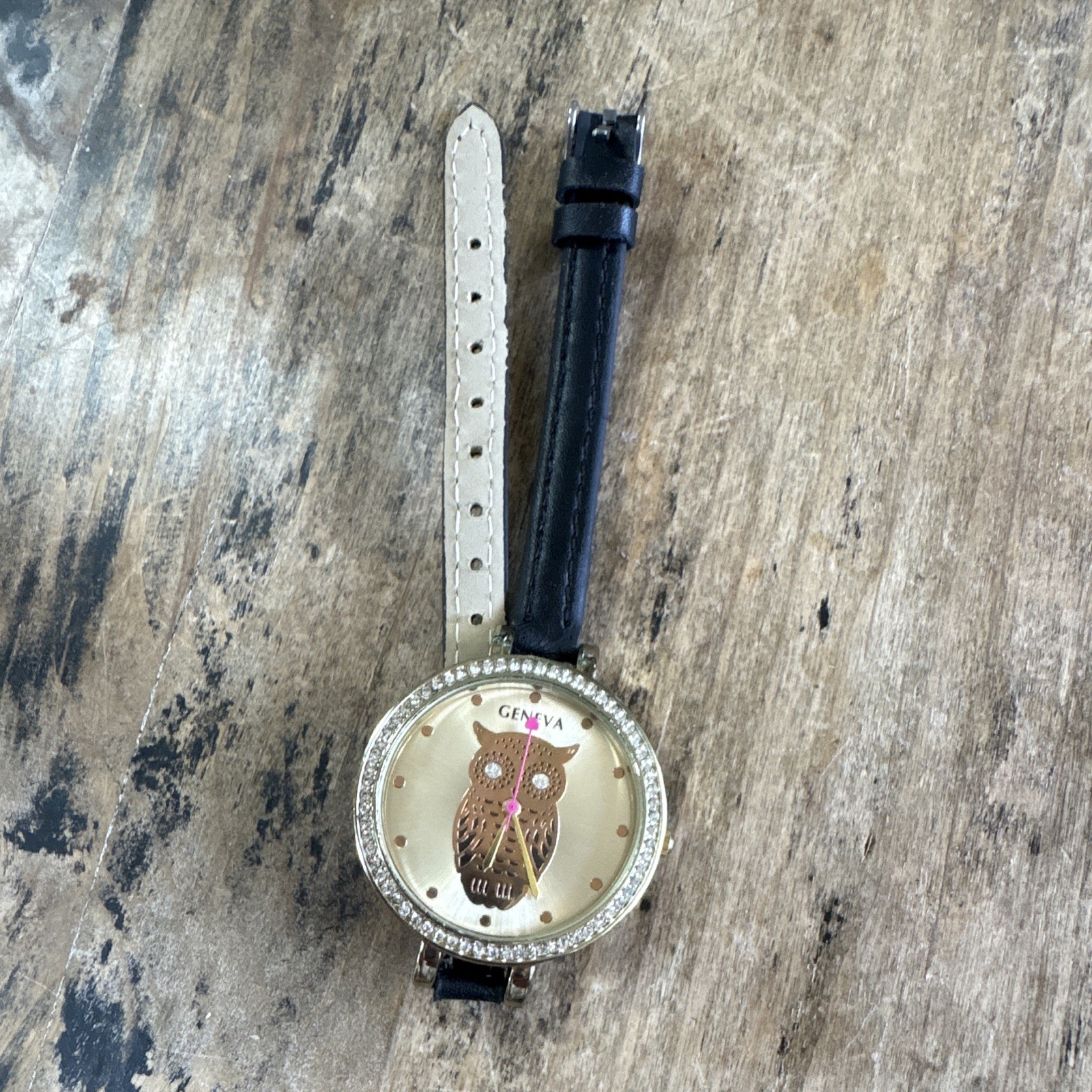 Geneva Women’s Quartz Owl Dial Gold Tone Rhinestone Bezel Black Leather Watch