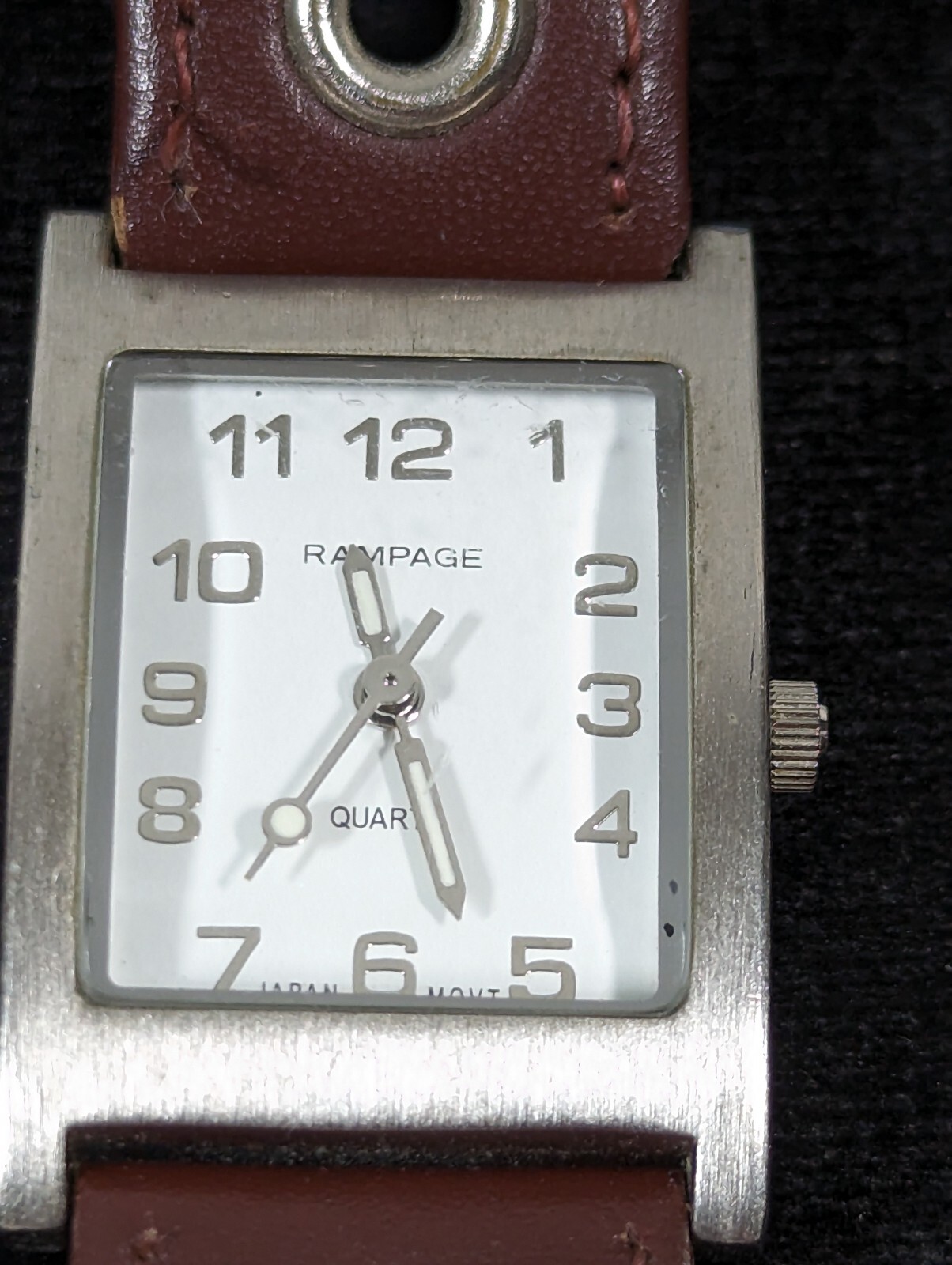 Rampage White Dial Silver Tone Rectangle Case Brown Band Watch 7.5 Inch