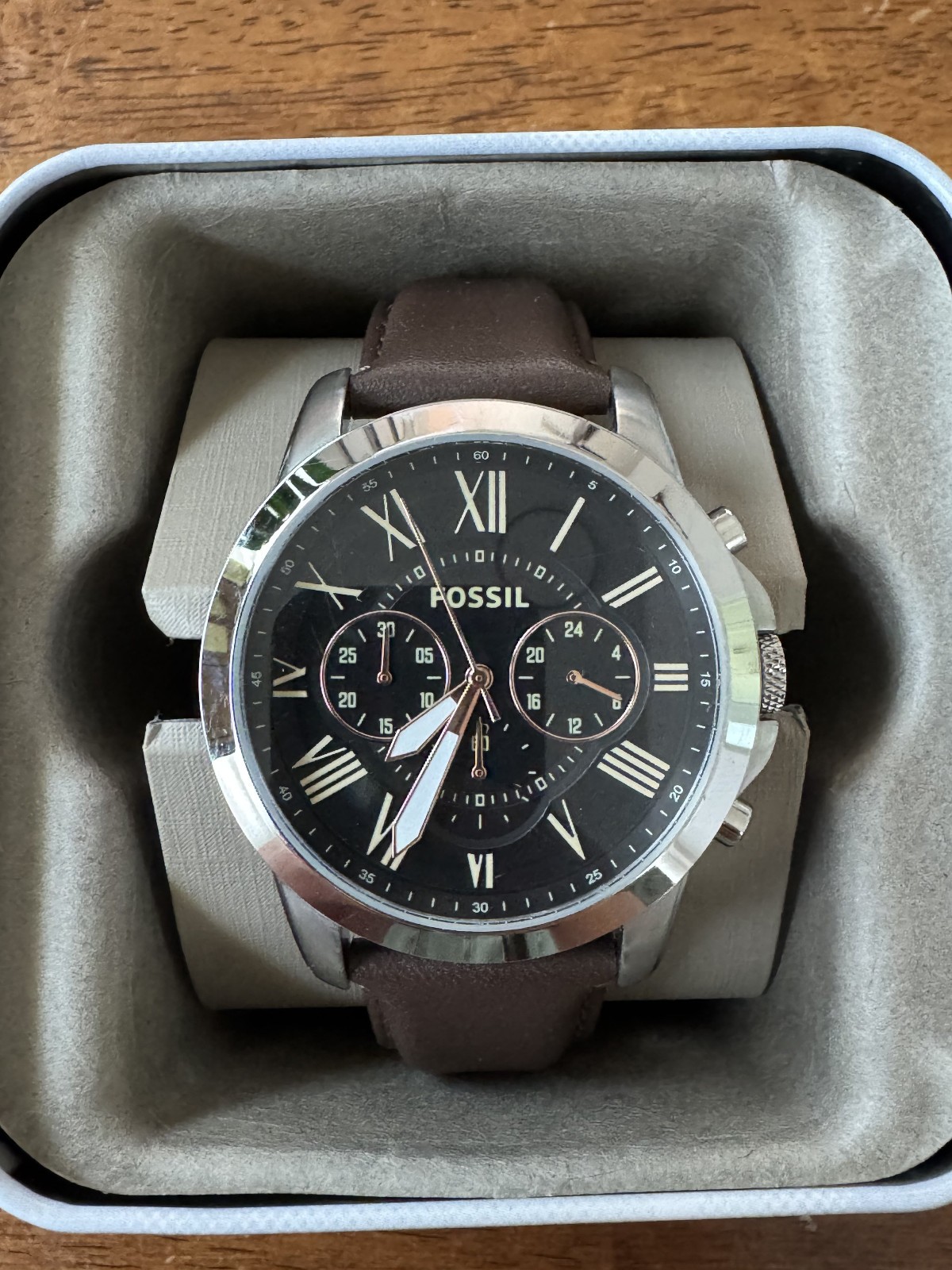 Fossil Mens Watch 45mm Black Dial Brown Leather Chronograph FS4813 New Battery
