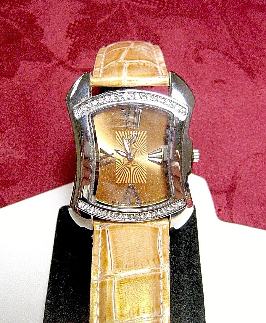 BURGI WATCH BTV011YG CRYSTALS YELLOW LEATHER STRAP LADY’S WATCH NEW BATTERY