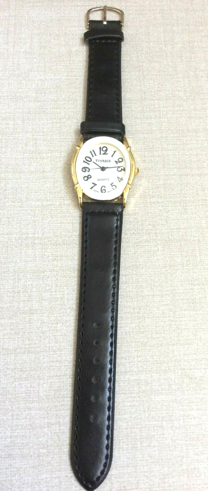 Finesse Women’s Gold Watch Oval White Dial on Black Leather Strap Band New Style
