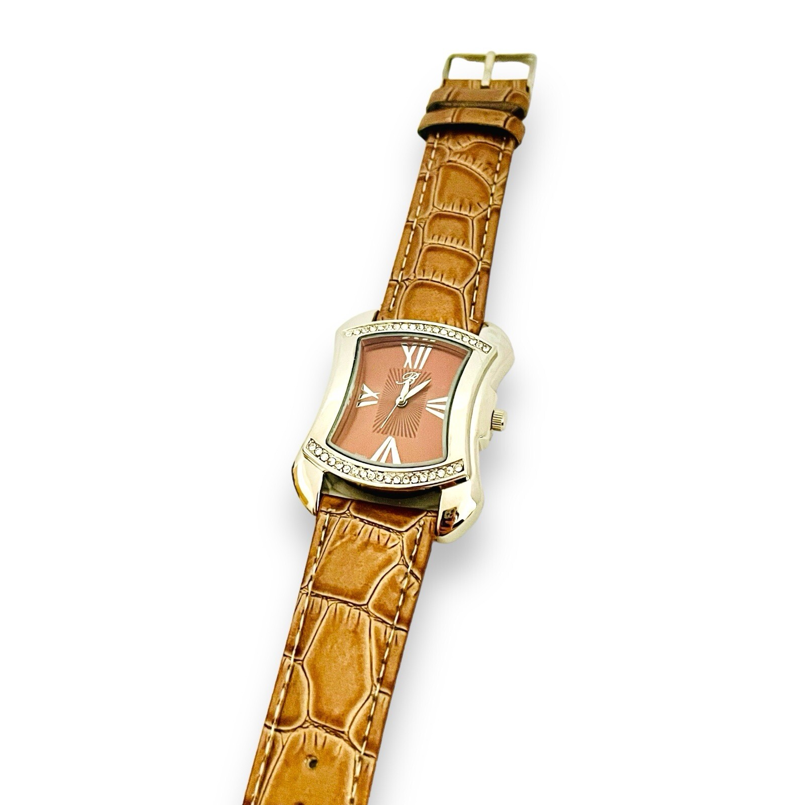 Women’s BURGI Watch Rhinestone Croc Emboss Leather Quartz Wrist Watch